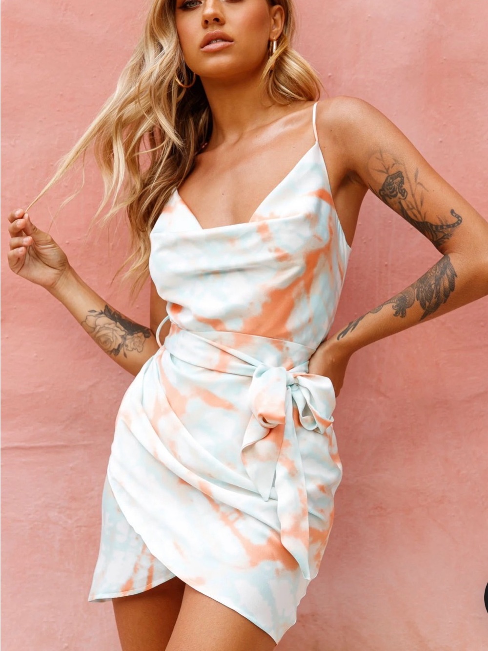Selfie Leslie Pastel Tie-Dye Cowl Neck Mini Dress in Peach and Light Blue